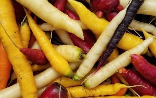 A pile of colorful carrots on a table.