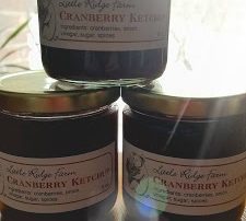 Three jars of cranberry ketchup from knoll kettle farm with sunlight flaring in the background.