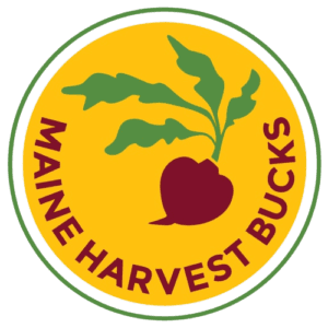 Logo of maine harvest bucks program featuring an illustration of a beet with leaves.
