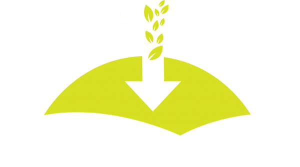 Logo of "farmdrop" featuring a stylized yellow arrow and green fields with a wheat sheaf on a textured green background.