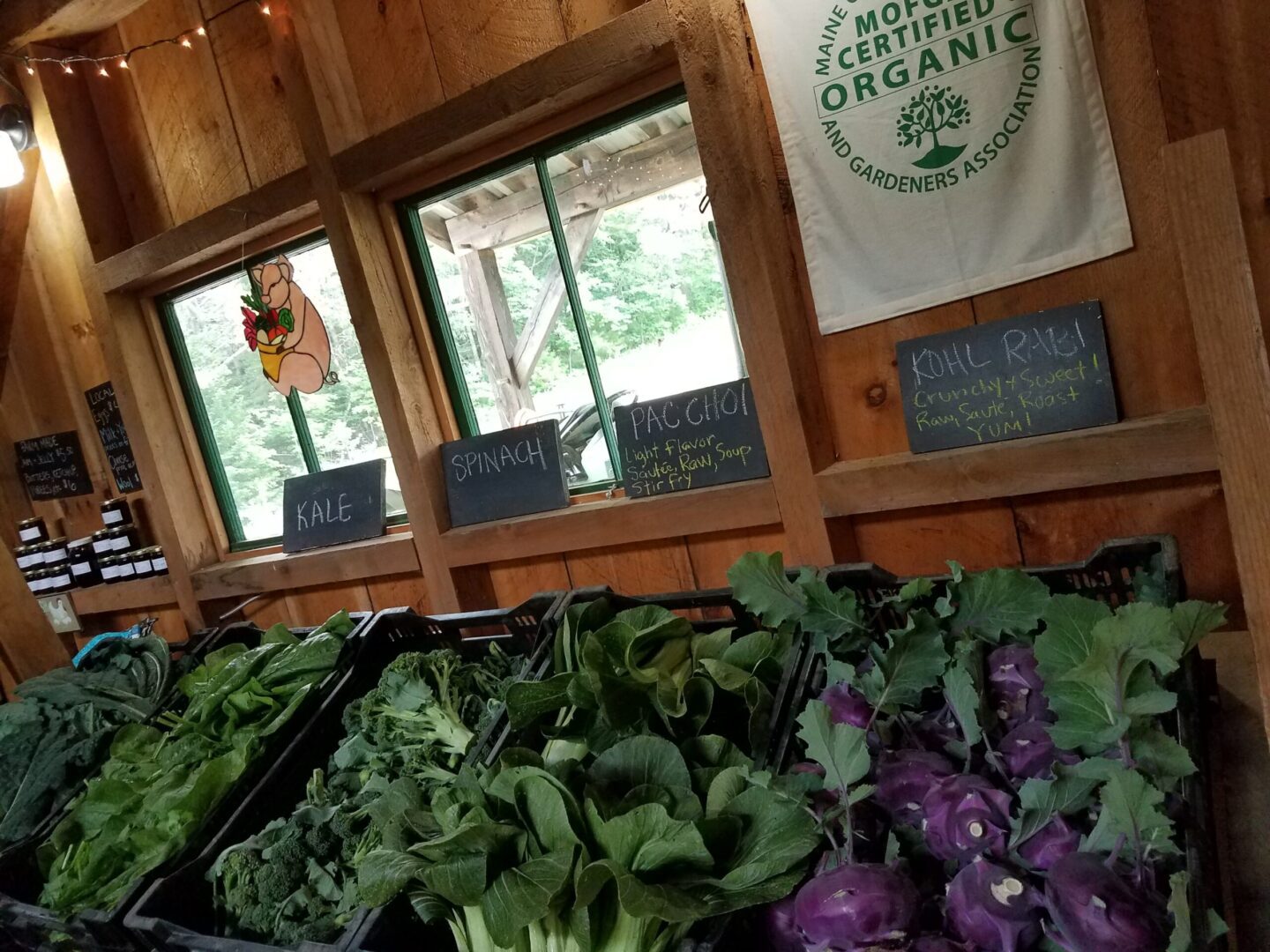 Assortment of fresh greens for sale at an organic market with labeled chalkboard signs.